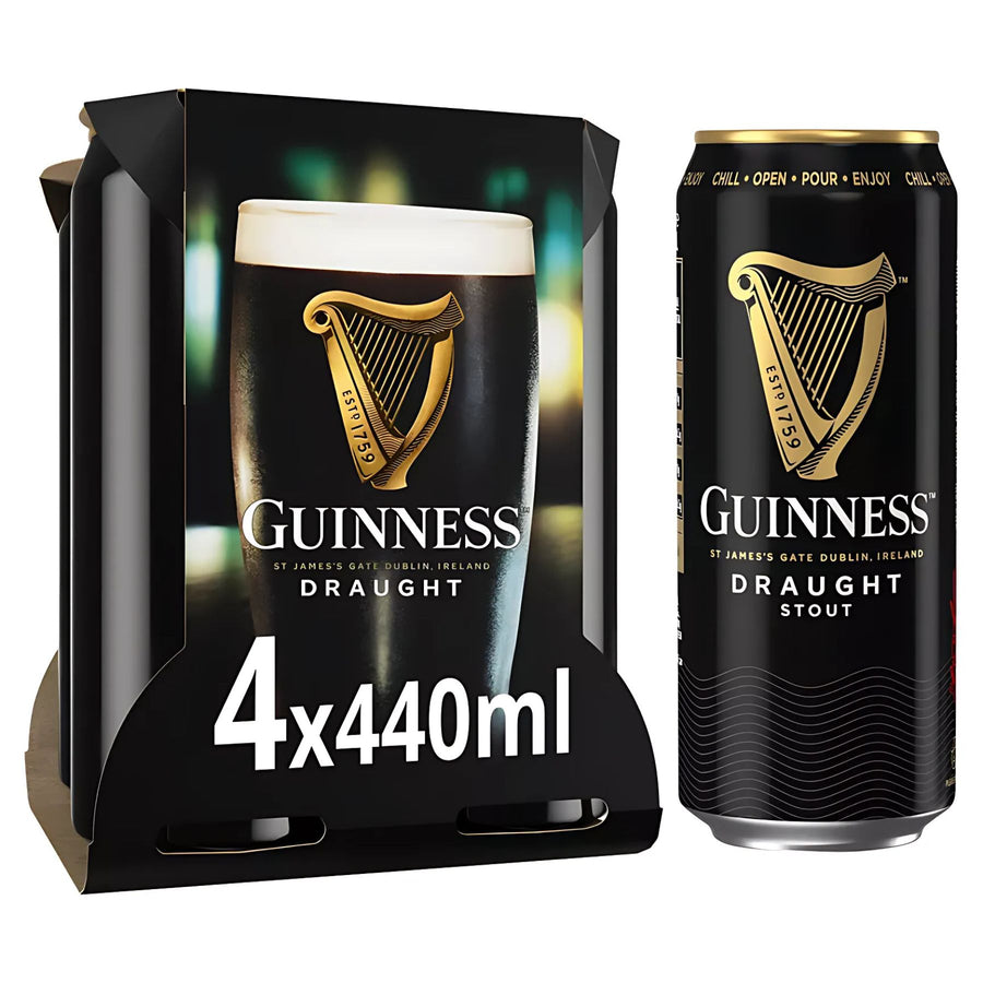 A four-pack of Guinness - Draught Stout Can (4.1% ABV) - 4 x 440ml, with one can displayed beside the packaging featuring a glass of Guinness and showcasing its smooth, velvety texture.