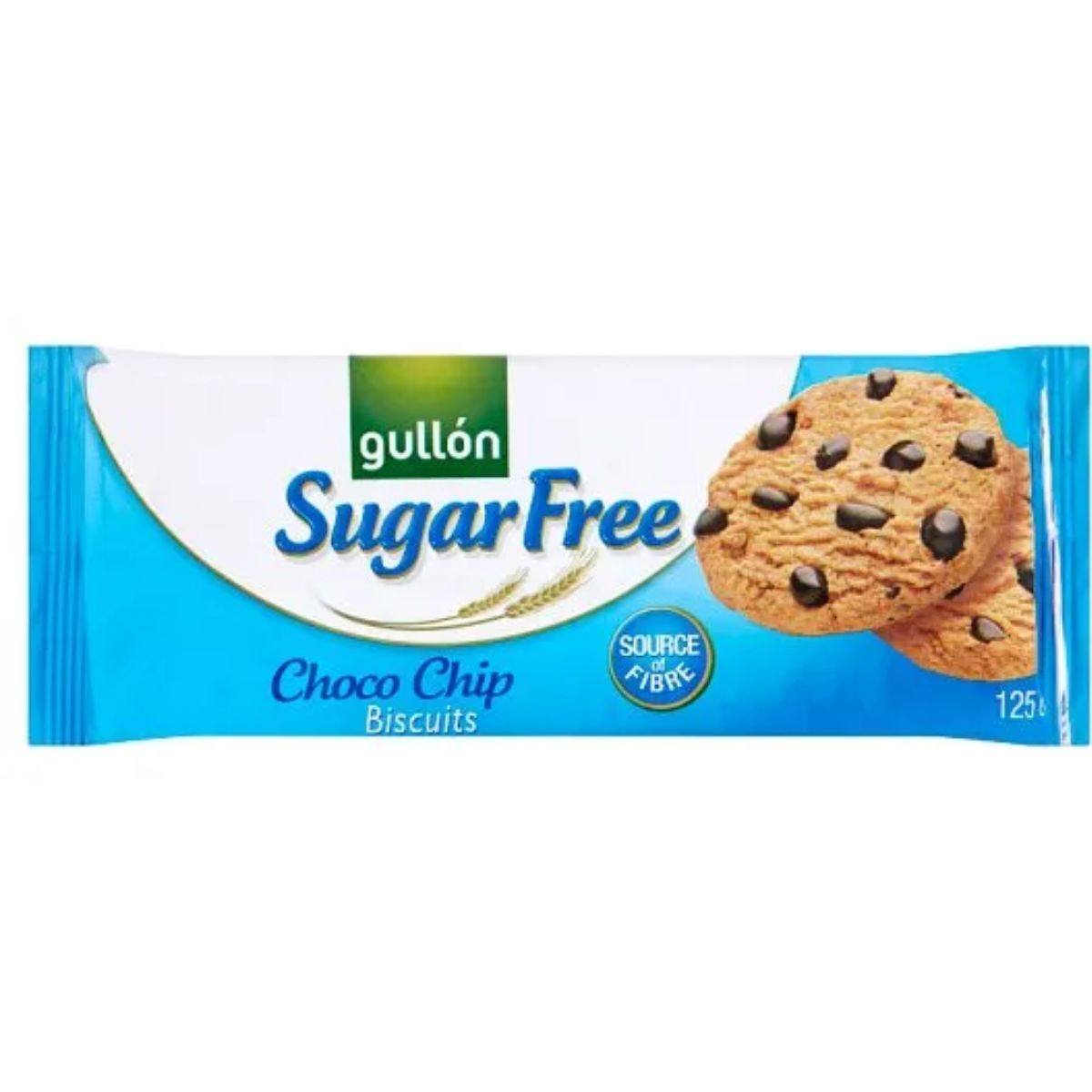 A 125g package of Gullón Choco Chip Biscuits Sugar Free featuring blue and white packaging with an image of two chocolate chip cookies on the front.