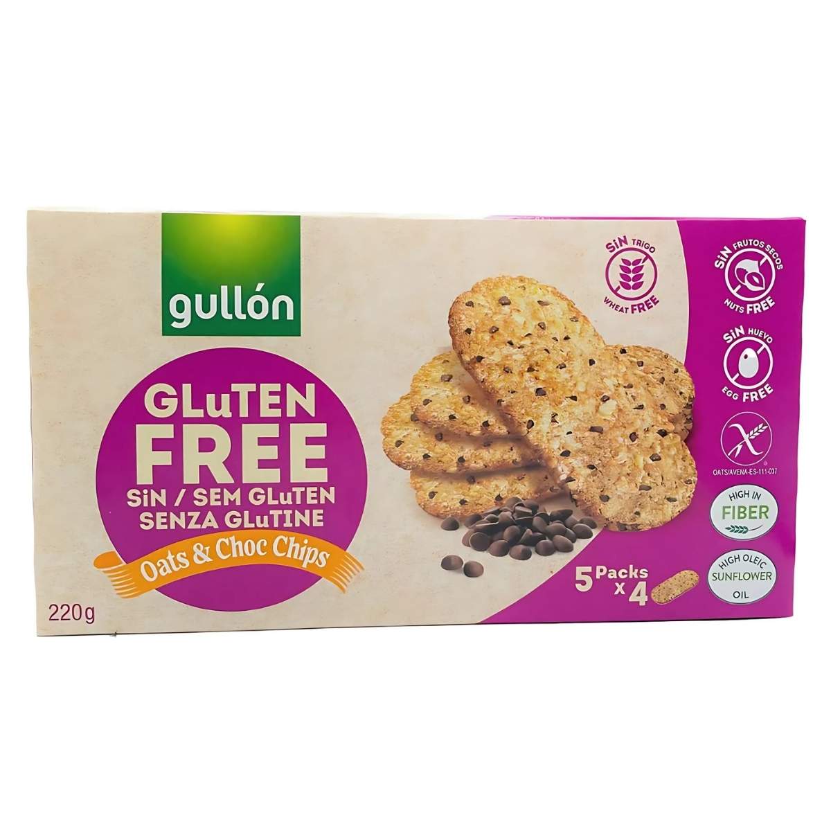 Gullón Gluten Free Biscuits with Chocolate Chips, 220g box containing 5 packs of 4, are crispy treats made with oats, high in fiber, and crafted using sunflower oil.