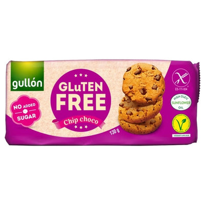 Gullon Gluten Free Choco Chips Cookies, 125g—delicious gluten-free snacks with no added sugar, high oleic sunflower oil, and suitable for vegetarians.