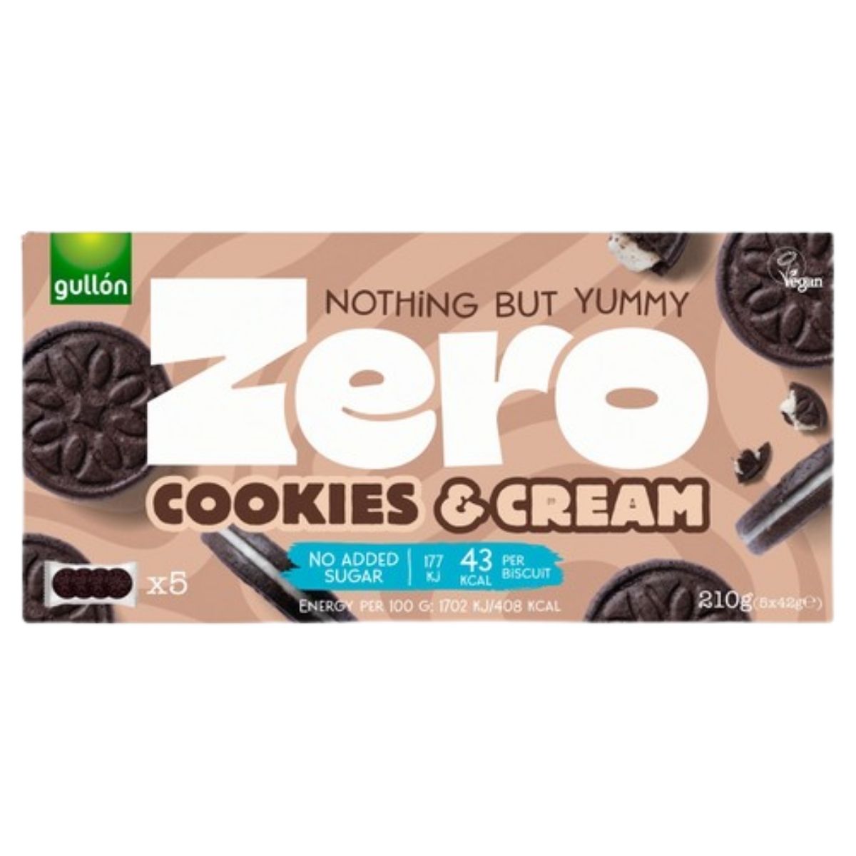 A 210g box of Gullon No Added Sugar Zero Cookies & Cream—vegan sandwich biscuits with no added sugar, perfect for those seeking gluten-free treats.
