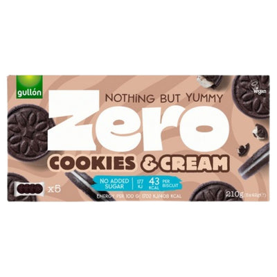 A 210g box of Gullon No Added Sugar Zero Cookies & Cream—vegan sandwich biscuits with no added sugar, perfect for those seeking gluten-free treats.