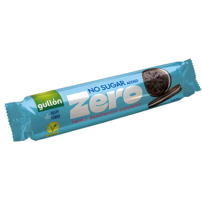 Gullon No Sugar Added Twins Sandwich Cookies, 147g—high fibre, vegan sandwich cookies with rich cocoa biscuit taste in blue packaging.