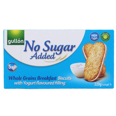 Gullon No Sugar Added Yogurt Biscuits (220g) are whole grain biscuits with yogurt-flavored filling—ideal for healthy snacking. The packaging shows two biscuits and a bowl of yogurt.