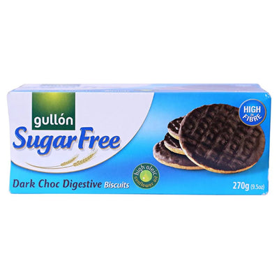 A 270g box of Gullon Sugar Free Choco Digestive Biscuits, featuring tempting biscuit images on the packaging—a tasty, healthy snack for guilt-free enjoyment.