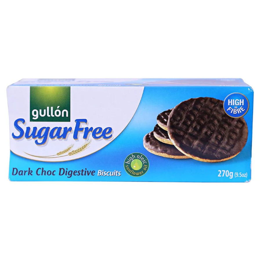 A 270g box of Gullon Sugar Free Choco Digestive Biscuits, featuring tempting biscuit images on the packaging—a tasty, healthy snack for guilt-free enjoyment.
