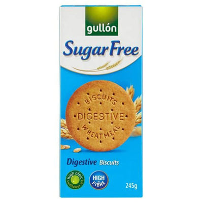 A blue and white box of Gullon Sugar Free Digestive Biscuits (245g), featuring a large biscuit image and high fibre label—a healthy snack choice from the Gullon brand.