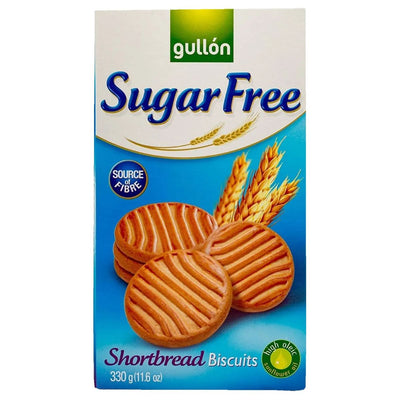 A 330g box of Gullon Sugar Free Shortbread Biscuits, featuring images of biscuits and wheat, and labeled as a source of fibre with high oleic sunflower oil.
