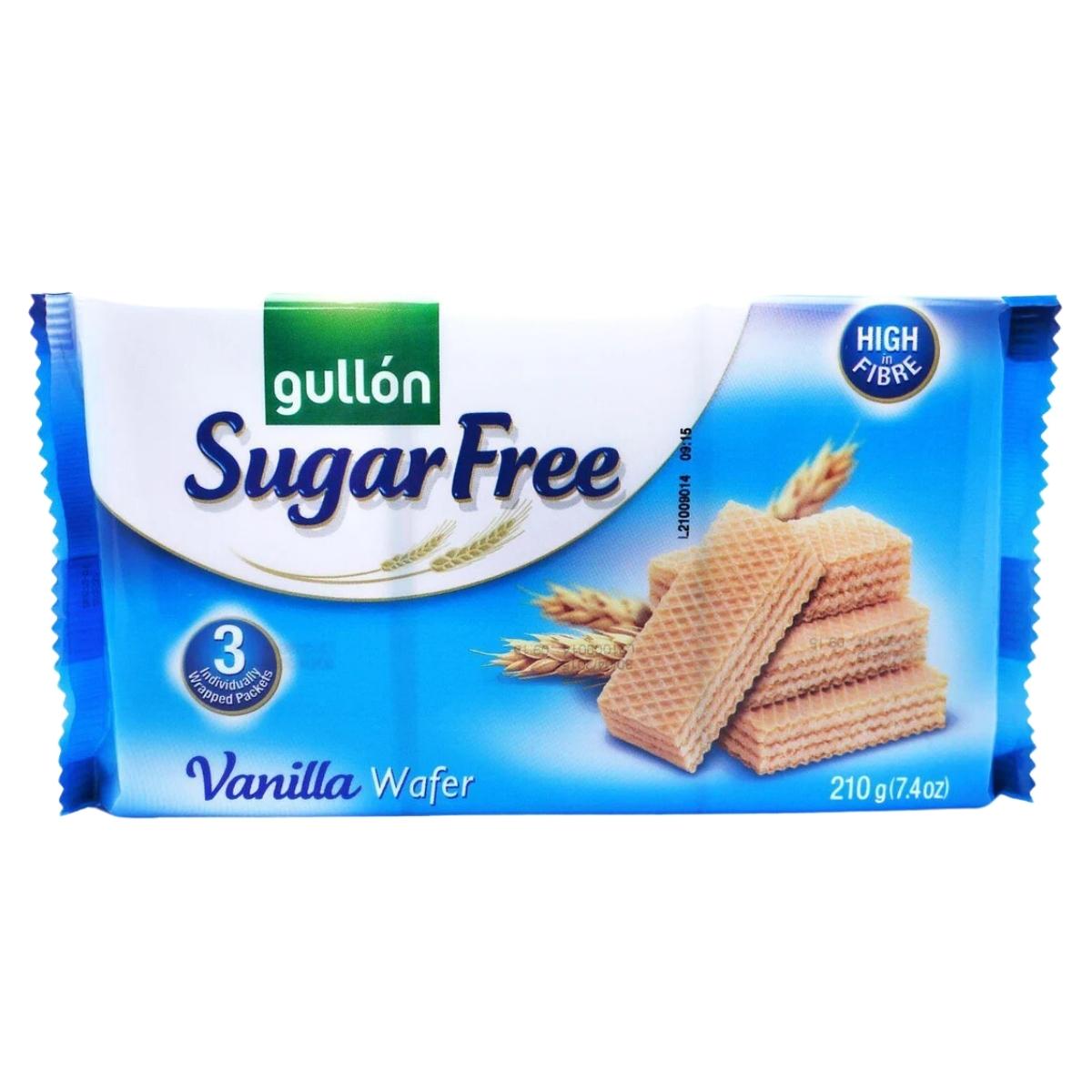 Packaging of Gullón Sugar Free Vanilla Flavour Wafer Biscuits, featuring an appealing image of vanilla wafers and wheat. High fiber content and 180g are prominently highlighted on the package.