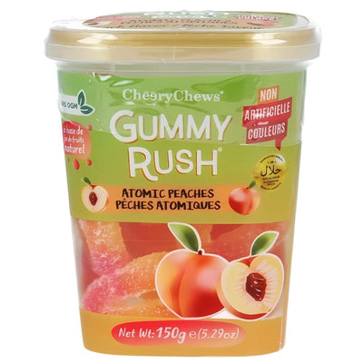 A 150g Gummy Rush - Atomic Peaches Tub (Halal) features sweet and sour peach gummies in a plastic container with images of peaches and product info on the label. Enjoy this deliciously tangy halal treat from Gummy Rush.