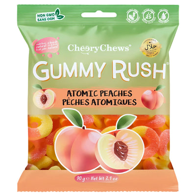 A 90g bag of Gummy Rush - Atomic Peaches (Halal) peach gummies, featuring images of peaches and peach rings on the packaging; these Gummy Rush candies are labeled non-GMO and halal.