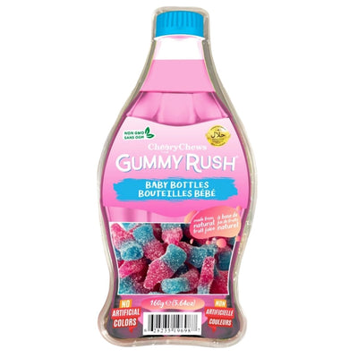 Gummy Rush - Baby Bottles (Halal) - 150g Bottle Tub is a bottle-shaped container from Gummy Rush, filled with pink and blue baby bottle gummies. Product labels are displayed on the front.