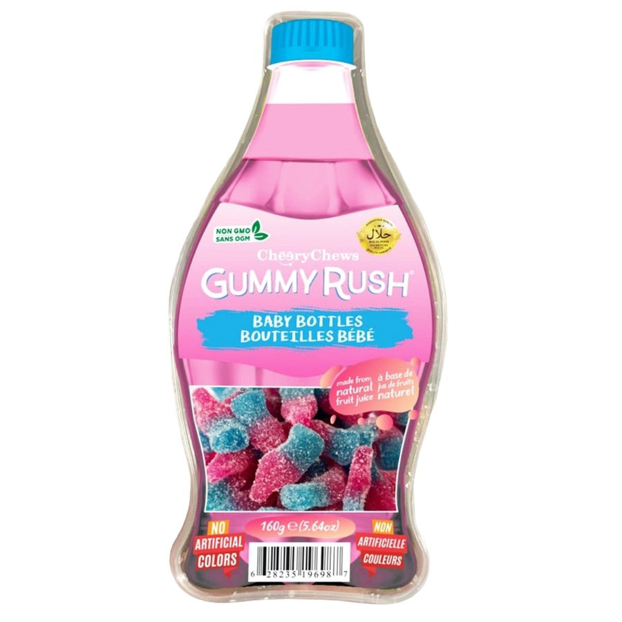 Gummy Rush - Baby Bottles (Halal) - 150g Bottle Tub is a bottle-shaped container from Gummy Rush, filled with pink and blue baby bottle gummies. Product labels are displayed on the front.