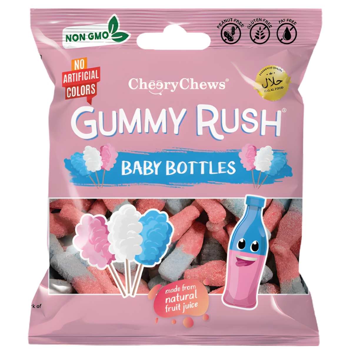 Gummy Rush - Baby Bottles (Halal) - 90g features pink and blue fruity gummies. The packaging from Gummy Rush highlights Halal-certified, non-GMO ingredients and no artificial colors.