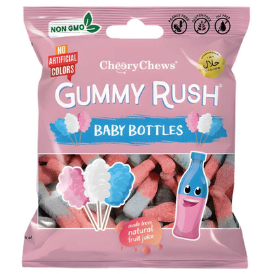 Gummy Rush - Baby Bottles (Halal) - 90g features pink and blue fruity gummies. The packaging from Gummy Rush highlights Halal-certified, non-GMO ingredients and no artificial colors.