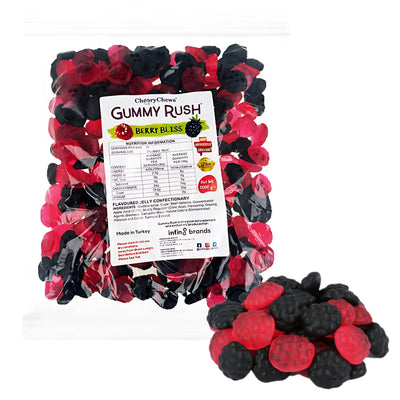 A 1kg bag of Gummy Rush - Berry Bliss (Halal) berry-shaped gummies from Gummy Rush, featuring red and black candies visible through the packaging and a small pile displayed in front.