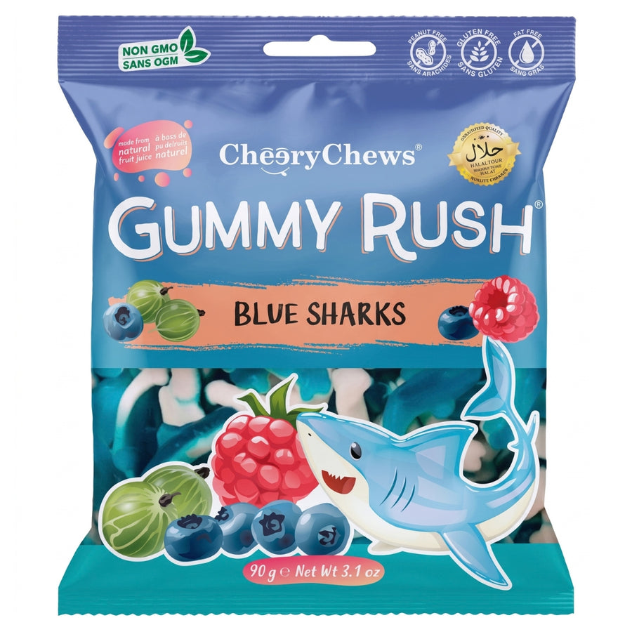 A 90g bag of Gummy Rush - Blue Sharks (Halal) containing blue shark-shaped gummies, decorated with illustrations of raspberries, blueberries, and gooseberries.
