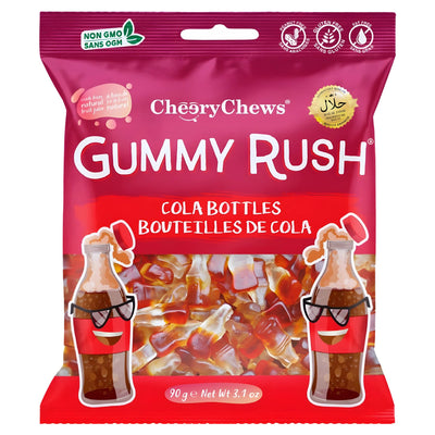 A 90g bag of Gummy Rush - Cola Bottles (Halal) by Gummy Rush features cartoon cola bottles and labels for non-GMO, natural flavors, and halal certification on the front.