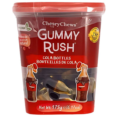 A red tub of Gummy Rush - Cola Bottles (Halal), 150g, features cartoon cola bottle graphics on the packaging and is filled with tasty halal cola gummies.