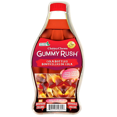 Gummy Rush - Cola Bottles (Halal) - 150g Bottle Tub features cola-flavored gummies shaped like classic bottles, made with non-GMO ingredients and no artificial colors. Enjoy delicious halal candy from Gummy Rush!.
