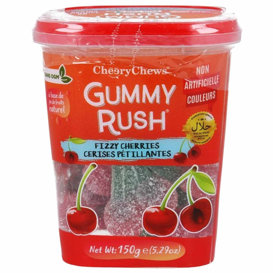 A 150g Gummy Rush - Fizzy Cherries Tub (Halal) features a red label with cherry images and text highlighting its non-GMO, natural fruit base, and Halal certification.