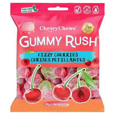 A 90g bag of Gummy Rush - Fizzy Cherries (Halal) candy, featuring images of cherries and bilingual English and French labeling.
