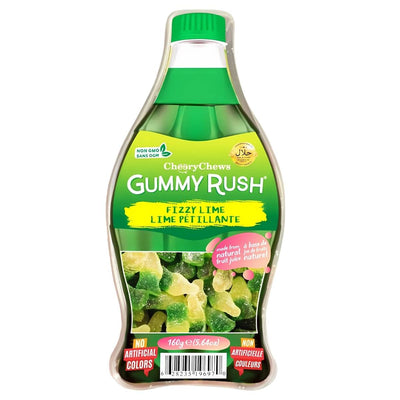 A 150g bottle tub of Gummy Rush Fizzy Lime (Halal) gummies, featuring green and yellow lime flavor pieces and labeled no artificial colors.