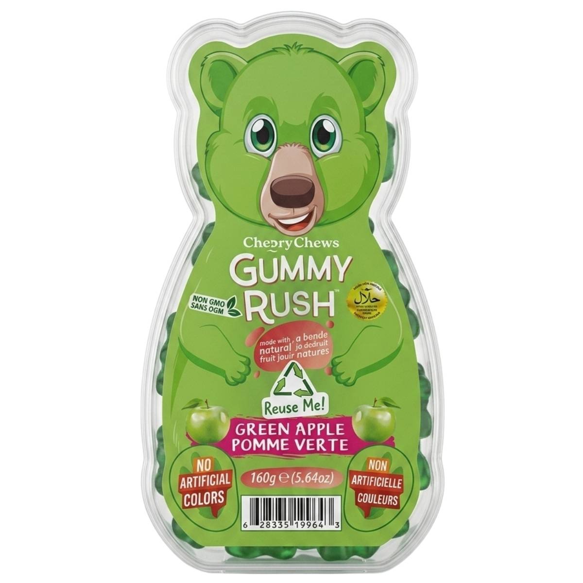The Gummy Rush - Green Apple (Halal) 150g Bear Tub is a reusable bear-shaped pack of fruity, halal gummies with no artificial colors and non-GMO ingredients, perfect for gummy bear fans.