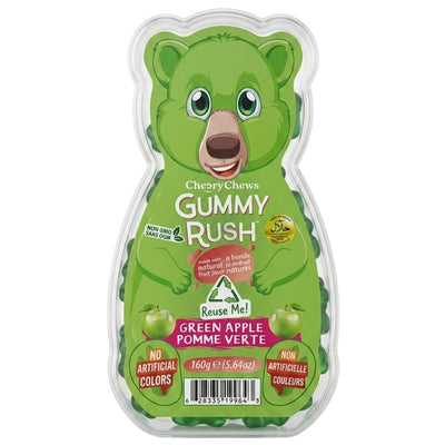 The Gummy Rush - Green Apple (Halal) 150g Bear Tub is a reusable bear-shaped pack of fruity, halal gummies with no artificial colors and non-GMO ingredients, perfect for gummy bear fans.