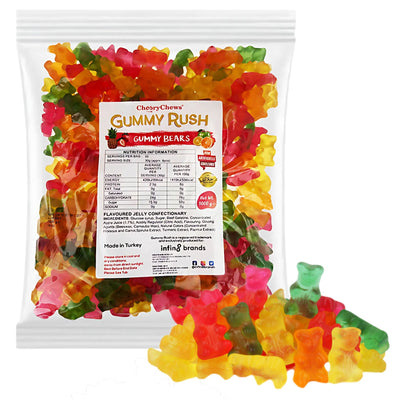 A clear bag labeled "Gummy Rush - Gummy Bears (Halal) - 1Kg" from Gummy Rush is filled with colorful Halal gummy bears, with some scattered in front.