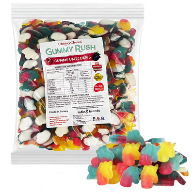 A clear plastic 1Kg bag labeled "Gummy Rush - Gummy Unicorns (Halal)" from Gummy Rush, filled with colorful halal gummy unicorns, with some gummies displayed in front.