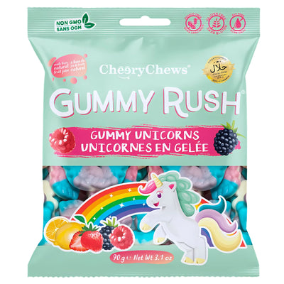 Gummy Rush - Gummy Unicorns (Halal) 90g features fruity unicorn-shaped gummies on a mint green pack with a rainbow and bilingual English/French text. These halal-certified treats are perfect for sharing.