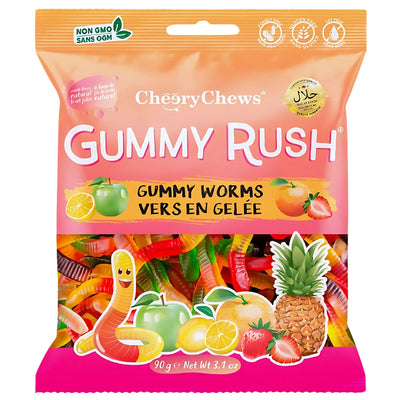 Gummy Rush - Gummy Worms (Halal) 90g: Halal, non-GMO gummies made with natural fruit juice, featuring fruit images on the pack.