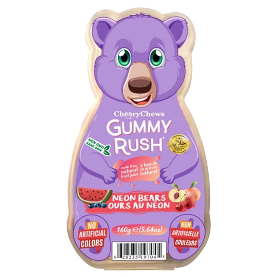 The Gummy Rush - Neon Bears (Halal) 150g Bear Tub comes in a purple bear-shaped package with fruity gummies like watermelon and peach, labeled halal and free from artificial colors.
