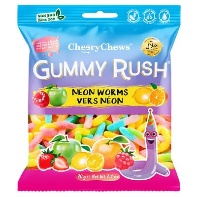 Gummy Rush - Neon Worms (Halal) - 90g features vibrant packaging with fruit graphics and product info. These chewy, halal gummies by Gummy Rush offer a tasty treat everyone can enjoy.