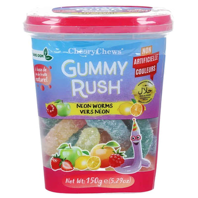 The Gummy Rush - Neon Worms Tub (Halal) - 150g from Gummy Rush features neon-coloured halal gummy worms. The packaging shows assorted fruit images with French and English details. Net weight is 150g.