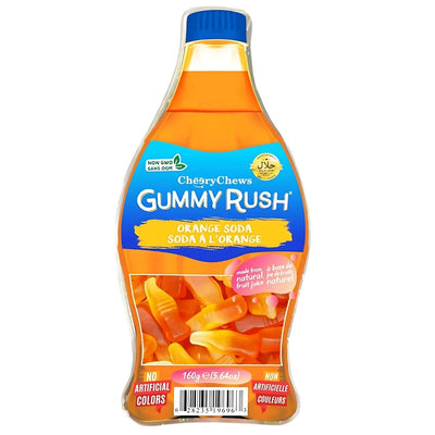The Gummy Rush - Orange Soda (Halal) 150g Bottle Tub, shaped like a plastic bottle and featuring orange soda gummies, delivers a fun and flavorful halal gummy candy experience.