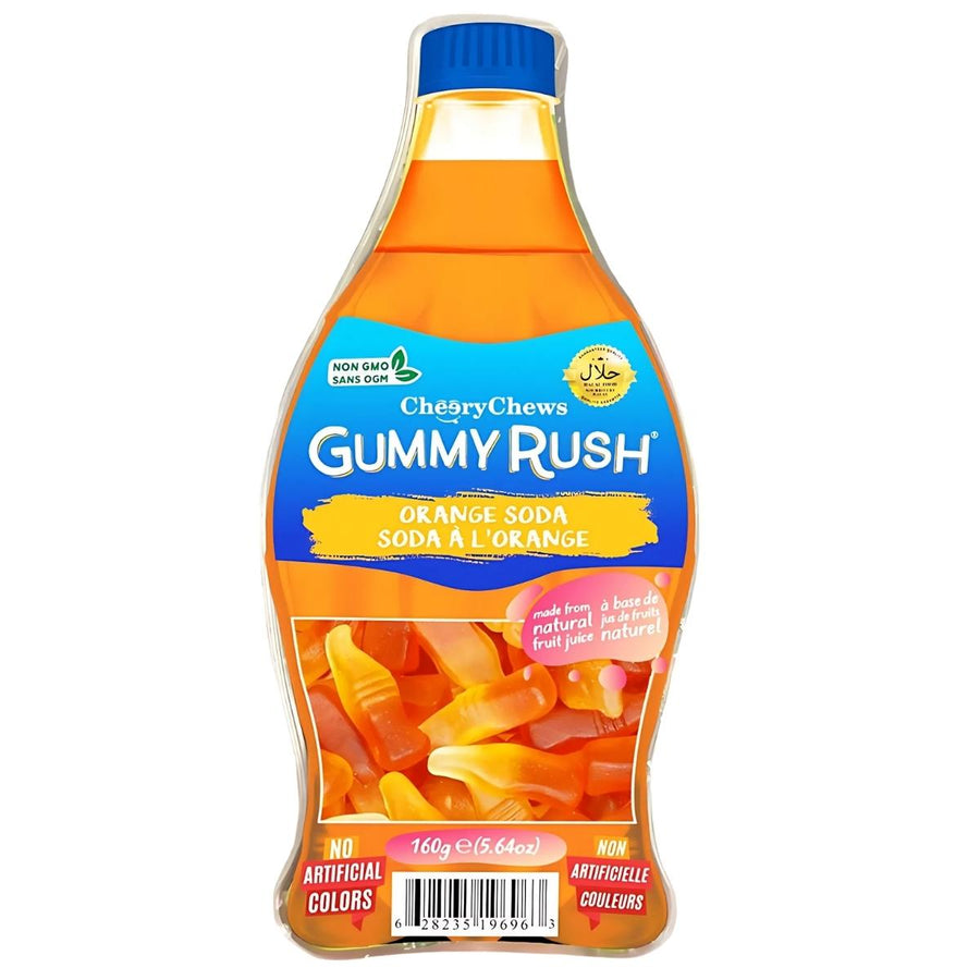 The Gummy Rush - Orange Soda (Halal) 150g Bottle Tub, shaped like a plastic bottle and featuring orange soda gummies, delivers a fun and flavorful halal gummy candy experience.