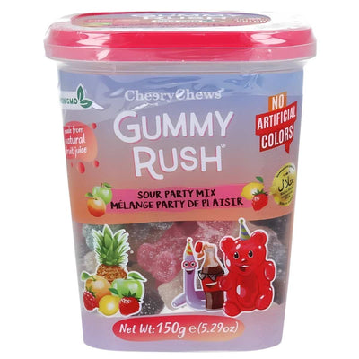 The 150g Gummy Rush - Sour Party Mix Tub (Halal) features halal-certified sour gummies made with natural fruit juice, non-GMO ingredients, and no artificial colors.