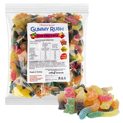 A clear bag of Gummy Rush - Sour Party Mix (Halal) - 1Kg by Gummy Rush, filled with assorted colorful sour gummies, with some halal candies displayed in front of the bag.
