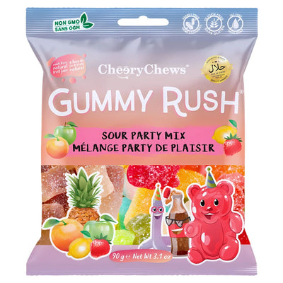 Gummy Rush - Sour Party Mix (Halal) 90g offers a tasty assortment of sour gummy candies, perfect for parties and featuring fun fruit shapes.