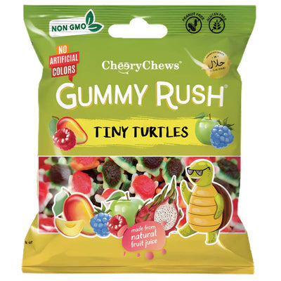 A 90g bag of Gummy Rush - Tiny Turtles (Halal) fruity gummies, featuring fruit and cartoon turtle images, non-GMO and halal-certified with no artificial colors.