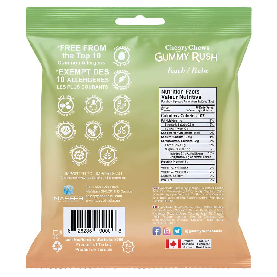 Back of the Gummy Rush - Atomic Peaches (Halal) 90g bag shows allergen-free claims, nutrition facts, halal and dietary icons, barcode, and manufacturer info for this delicious peach gummy candy by Gummy Rush.