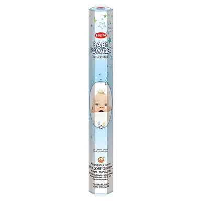 The HEM - Baby Powder Incense Stick, with 20 sticks per blue box featuring a baby's face, offers a calming aroma to enhance relaxation ambiance.