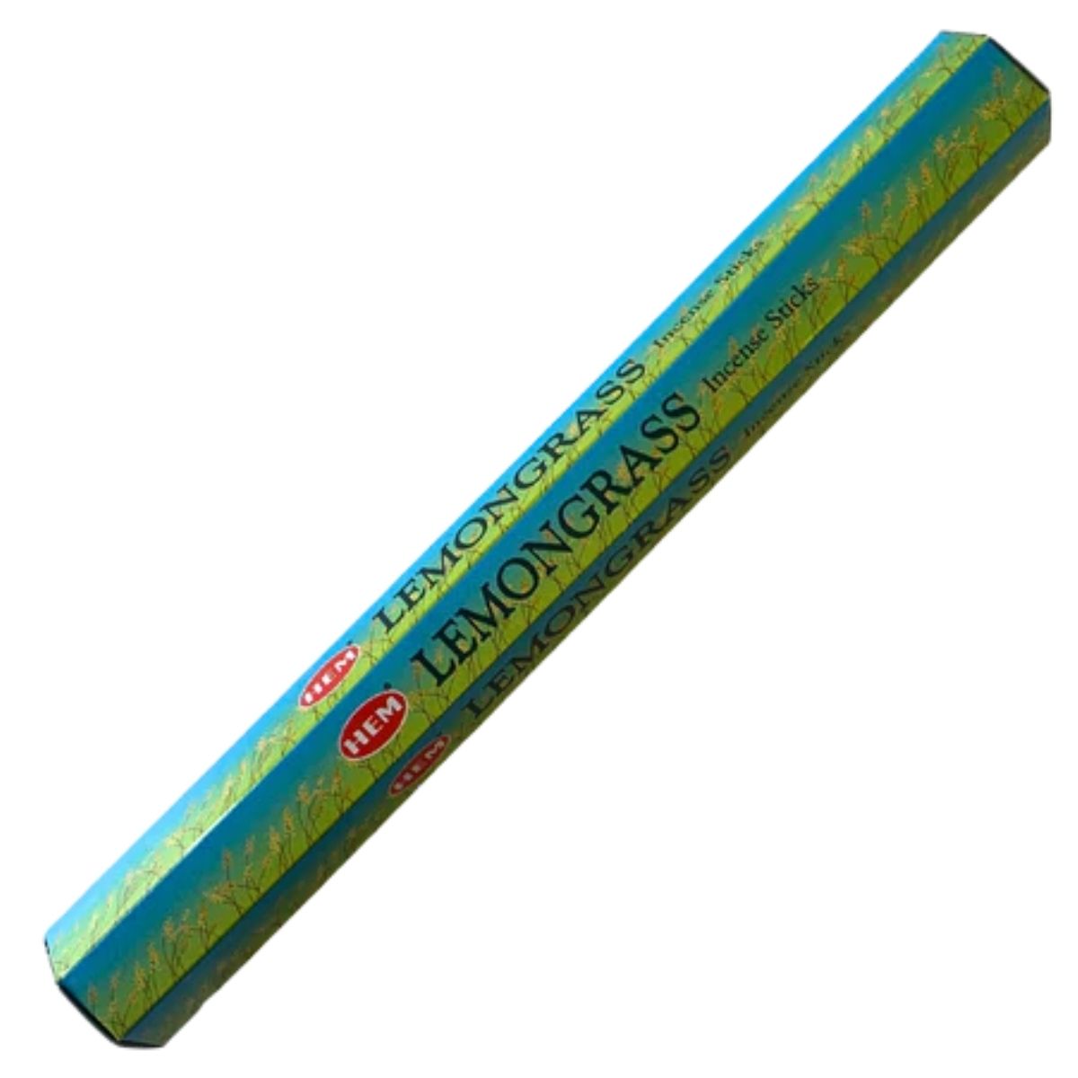 A rectangular box of HEM - Lemon Grass Incense Sticks (20 sticks) with green and yellow grass design and HEM branding on the packaging.
