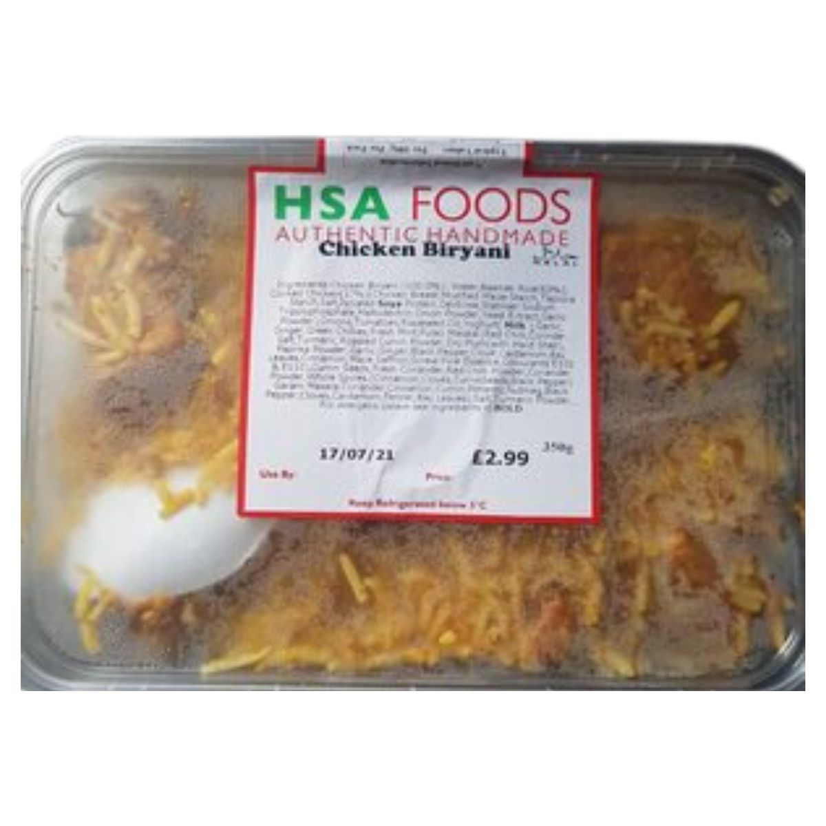 A packaged meal labeled "HSA Foods - Chicken Biryani (Halal)," priced at £2.99, weighing 350g, and displaying a use-by date of 17/07/21.