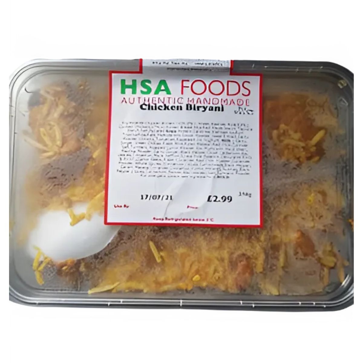 A sealed plastic container of HSA Foods - Chicken Biryani (Halal) - 350g, featuring a white and red label with product details and price, made with fragrant basmati rice.