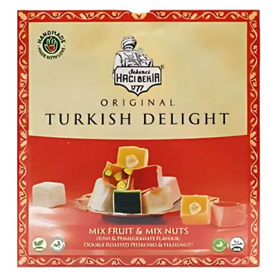 Haci Bekir - Mix Fruit & Mix Nut Turkish Delight (Kiwi, Pomegranate, Double Roasted Pistachio & Hazelnut), 320g box features images of assorted Turkish delight pieces on the front.