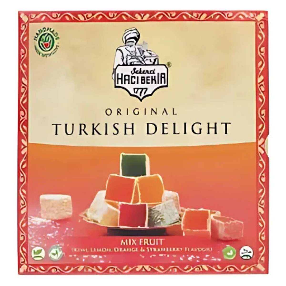 Box of Haci Bekir - Mix Fruits Turkish Delight offering a delightful blend of kiwi, lemon, orange, and strawberry flavors.