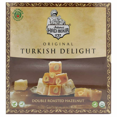 A 320g box of Haci Bekir - Original Double Roasted Hazelnut Turkish Delight, with the classic candy stacked on the front.